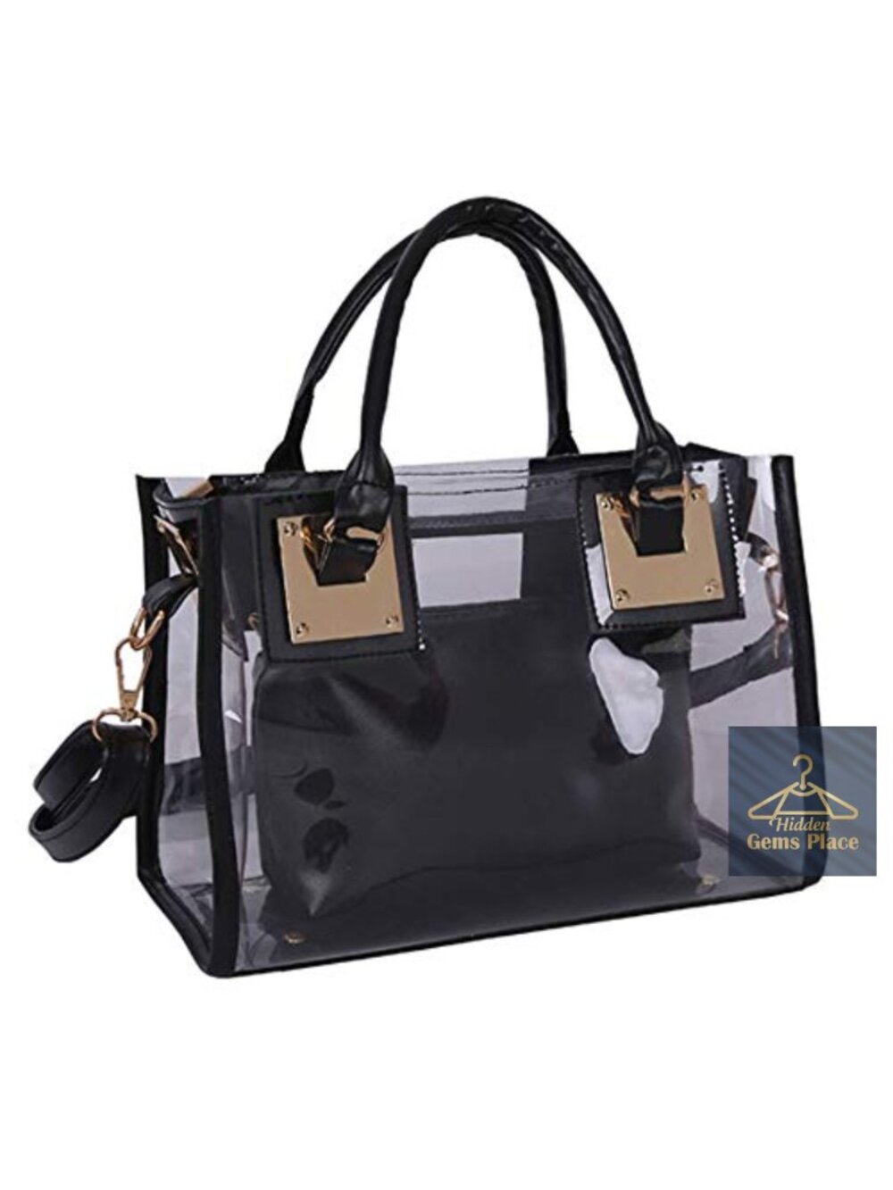 2-Piece Clear PVC Satchel Handbag with Shoulder Strap PU Leather Trim